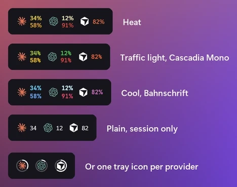 The taskbar strip in four looks: the heat scale; traffic light colors in Cascadia Mono; cool colors in Bahnschrift; plain session numbers. Below them, the alternative: one tray icon per provider, each logo inside a usage ring.